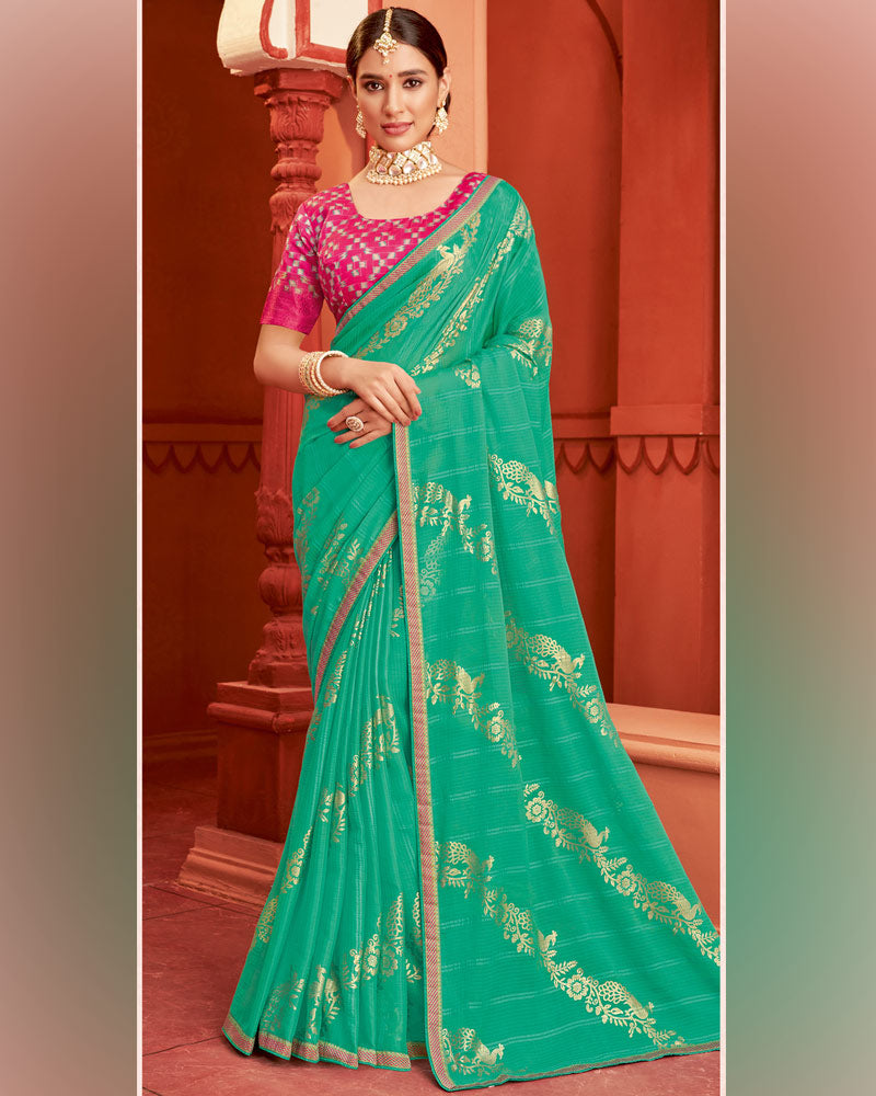 Vishal Prints Dark Mint Green Patterned Chiffon Saree With Foil Print And Zari Border