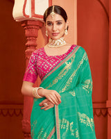 Vishal Prints Dark Mint Green Patterned Chiffon Saree With Foil Print And Zari Border
