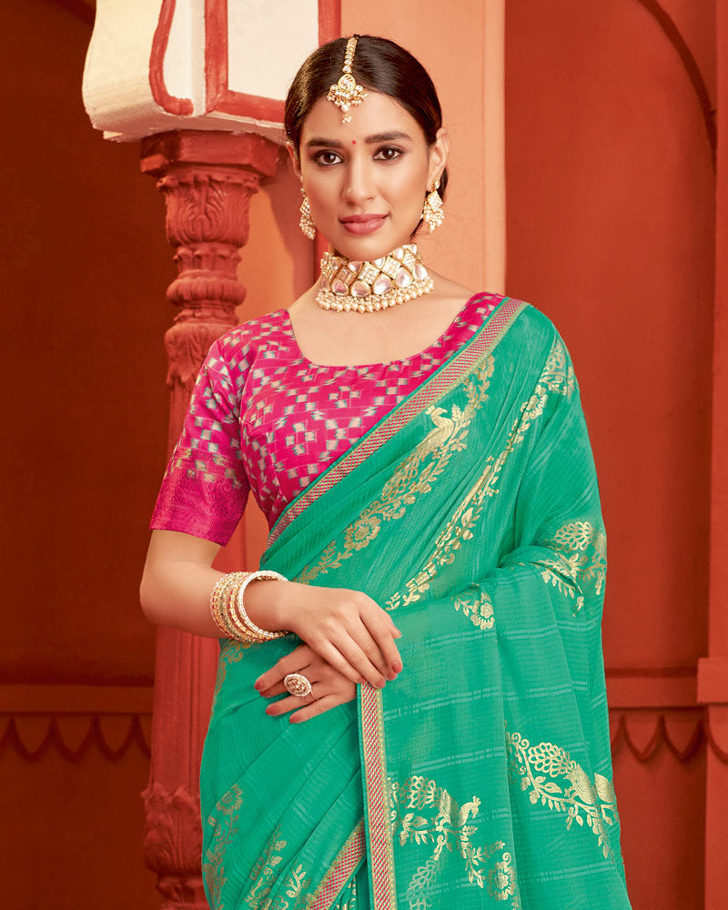 Vishal Prints Dark Mint Green Patterned Chiffon Saree With Foil Print And Zari Border