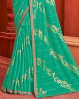 Vishal Prints Dark Mint Green Patterned Chiffon Saree With Foil Print And Zari Border