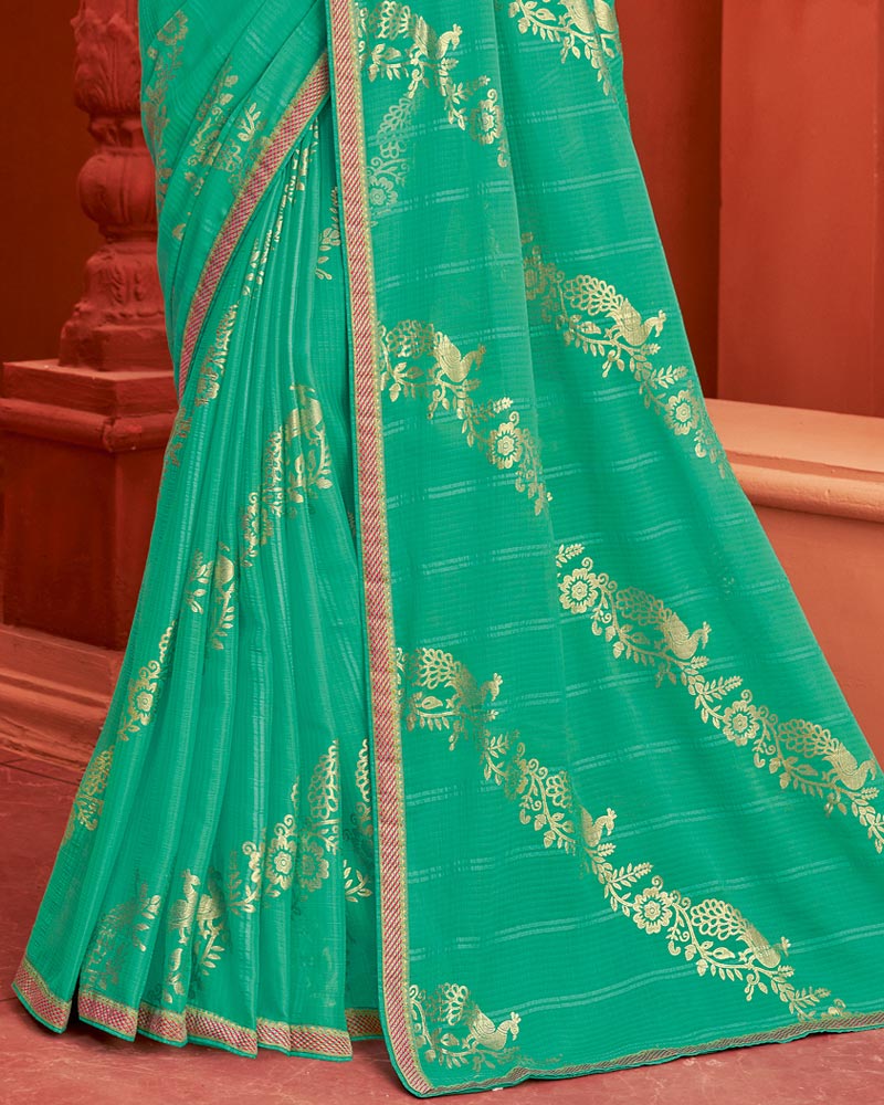 Vishal Prints Dark Mint Green Patterned Chiffon Saree With Foil Print And Zari Border