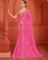 Vishal Prints Froly Pink Patterned Chiffon Saree With Foil Print And Zari Border