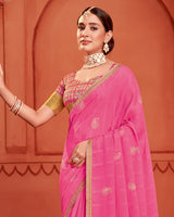 Vishal Prints Froly Pink Patterned Chiffon Saree With Foil Print And Zari Border