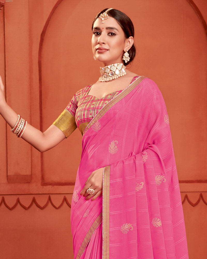 Vishal Prints Froly Pink Patterned Chiffon Saree With Foil Print And Zari Border