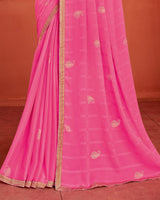 Vishal Prints Froly Pink Patterned Chiffon Saree With Foil Print And Zari Border