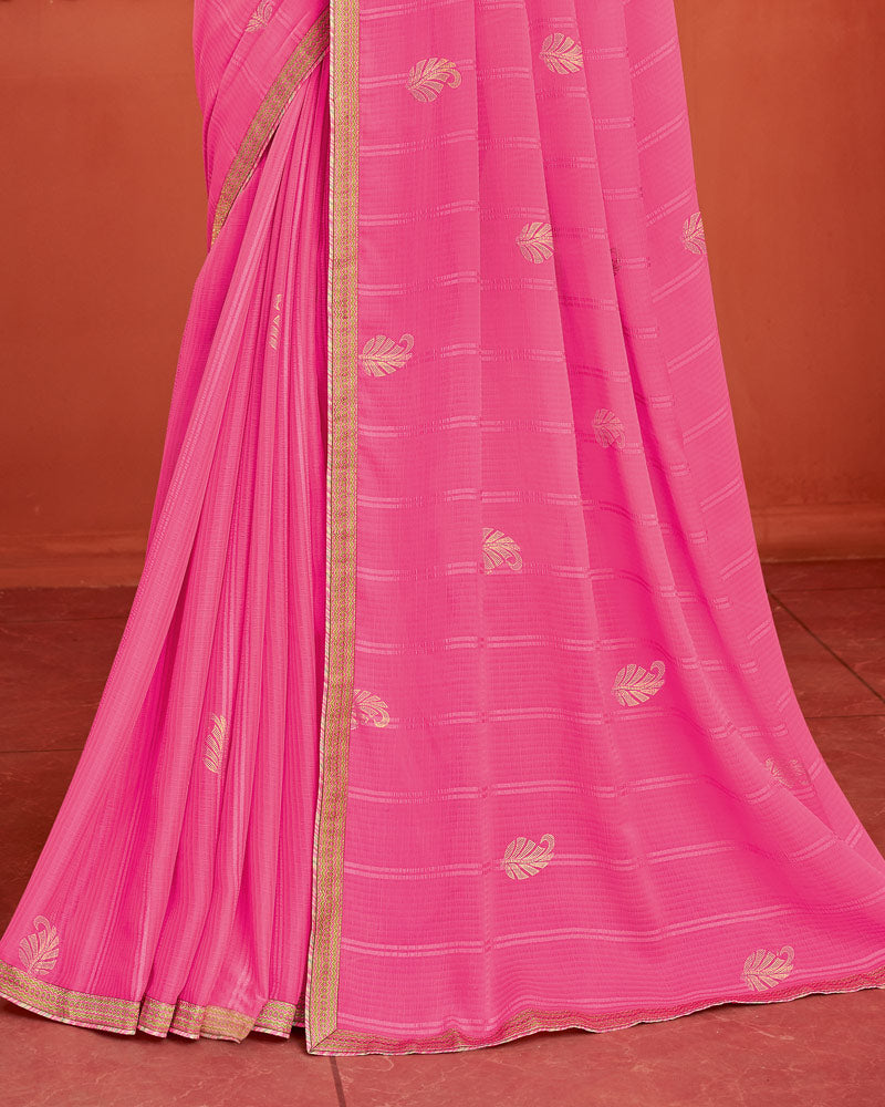 Vishal Prints Froly Pink Patterned Chiffon Saree With Foil Print And Zari Border
