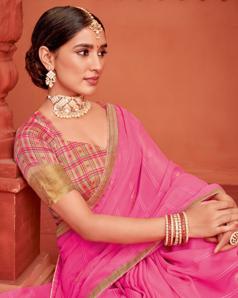 Vishal Prints Froly Pink Patterned Chiffon Saree With Foil Print And Zari Border