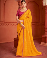 Vishal Prints Yellowish Orange Patterned Chiffon Saree With Foil Print And Zari Border