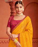 Vishal Prints Yellowish Orange Patterned Chiffon Saree With Foil Print And Zari Border