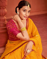 Vishal Prints Yellowish Orange Patterned Chiffon Saree With Foil Print And Zari Border