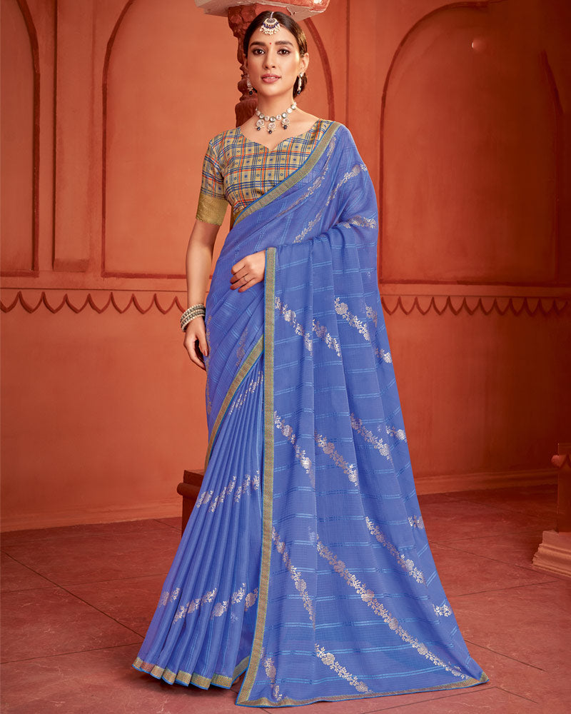 Vishal Prints Kashmir Blue Patterned Chiffon Saree With Foil Print And Zari Border