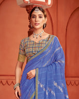 Vishal Prints Kashmir Blue Patterned Chiffon Saree With Foil Print And Zari Border