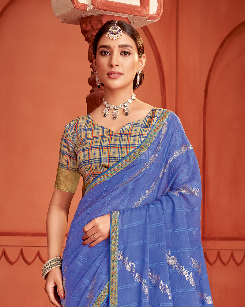 Vishal Prints Kashmir Blue Patterned Chiffon Saree With Foil Print And Zari Border