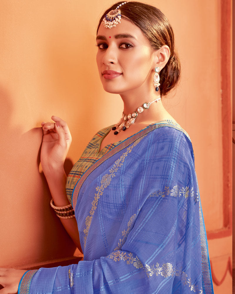 Vishal Prints Kashmir Blue Patterned Chiffon Saree With Foil Print And Zari Border