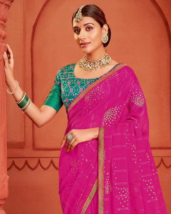Vishal Prints Royal Fuchsia Patterned Chiffon Saree With Foil Print And Zari Border