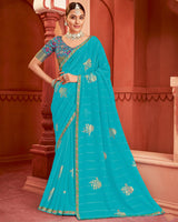 Vishal Prints Dark Turquoise Blue Patterned Chiffon Saree With Foil Print And Zari Border