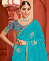 Vishal Prints Dark Turquoise Blue Patterned Chiffon Saree With Foil Print And Zari Border