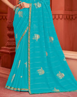 Vishal Prints Dark Turquoise Blue Patterned Chiffon Saree With Foil Print And Zari Border
