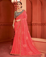 Vishal Prints Coral Patterned Chiffon Saree With Foil Print And Zari Border