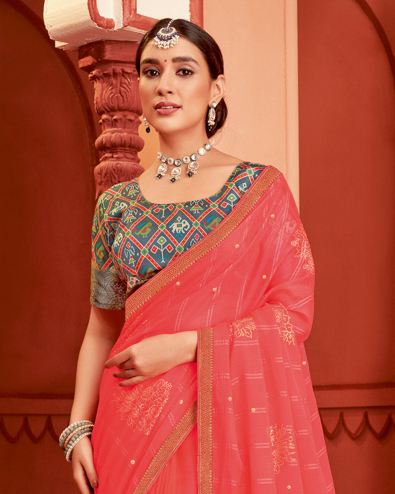 Vishal Prints Coral Patterned Chiffon Saree With Foil Print And Zari Border