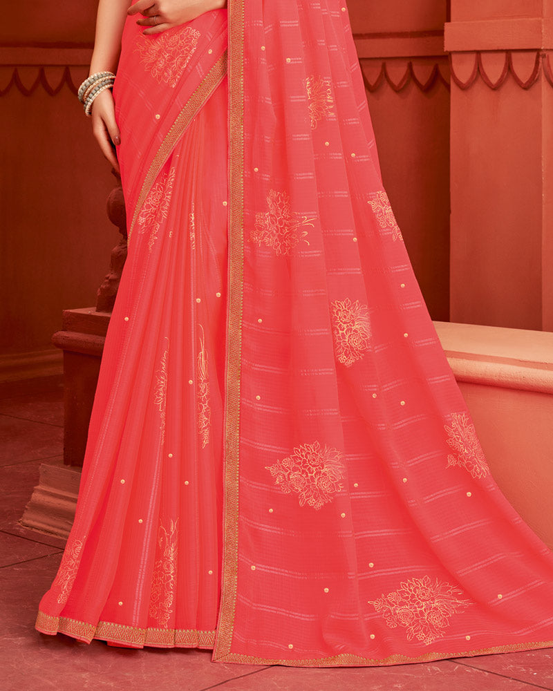 Vishal Prints Coral Patterned Chiffon Saree With Foil Print And Zari Border