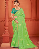 Vishal Prints Light Moss Green Patterned Chiffon Saree With Foil Print And Zari Border