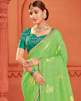 Vishal Prints Light Moss Green Patterned Chiffon Saree With Foil Print And Zari Border