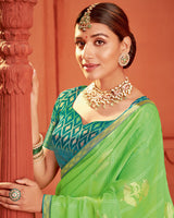 Vishal Prints Light Moss Green Patterned Chiffon Saree With Foil Print And Zari Border