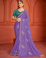 Vishal Prints Violet Patterned Chiffon Saree With Foil Print And Zari Border