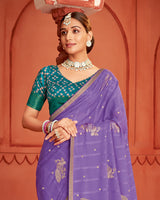 Vishal Prints Violet Patterned Chiffon Saree With Foil Print And Zari Border