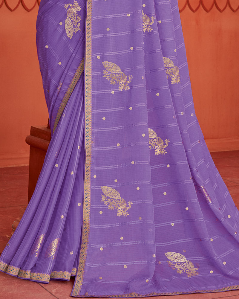 Vishal Prints Violet Patterned Chiffon Saree With Foil Print And Zari Border
