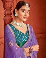 Vishal Prints Violet Patterned Chiffon Saree With Foil Print And Zari Border