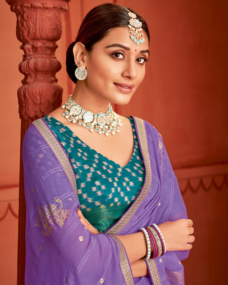 Vishal Prints Violet Patterned Chiffon Saree With Foil Print And Zari Border