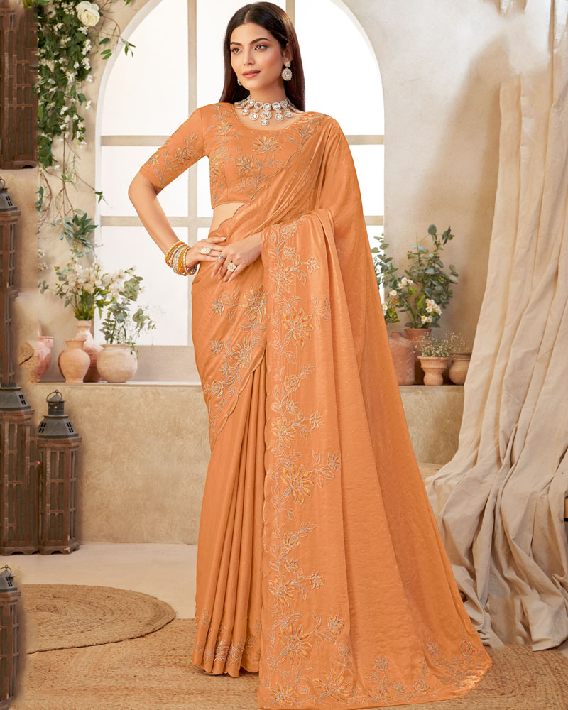 Vishal Prints Dark Pastel Orange Designer Fancy Satin Saree With Embroidery-Swarovski Work And Cut Work Border