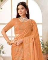 Vishal Prints Dark Pastel Orange Designer Fancy Satin Saree With Embroidery-Swarovski Work And Cut Work Border