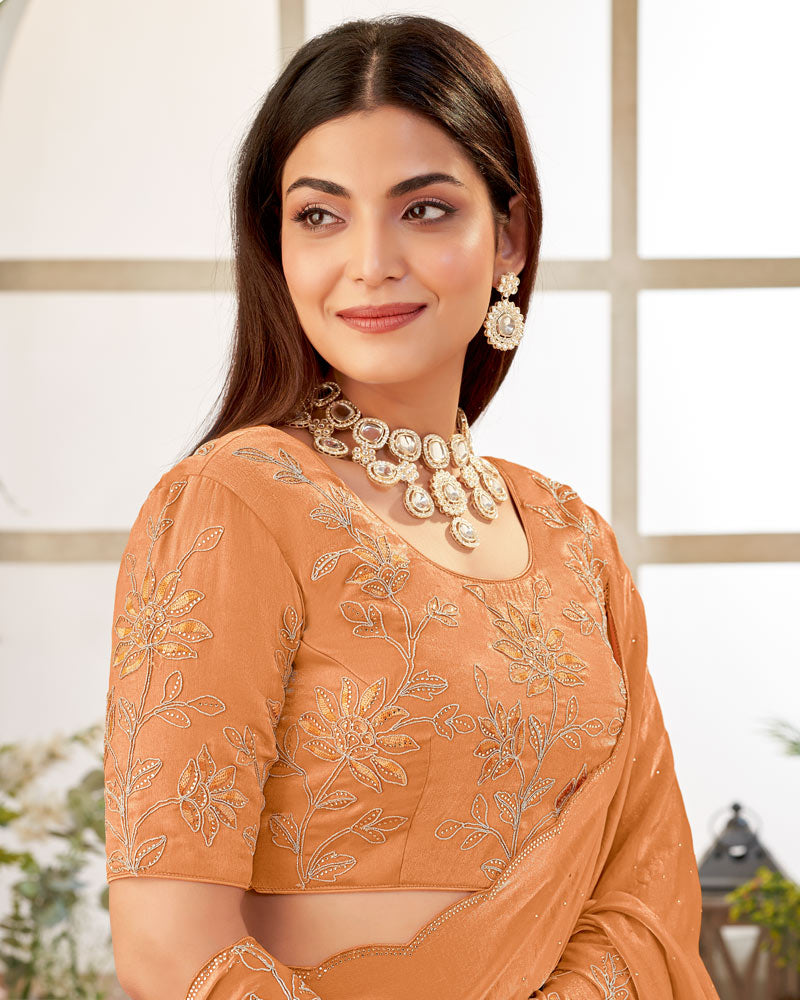 Vishal Prints Dark Pastel Orange Designer Fancy Satin Saree With Embroidery-Swarovski Work And Cut Work Border