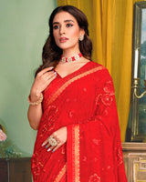 Vishal Prints Lava Red Chiffon Saree With Embroidery Work And Fancy Zari Border