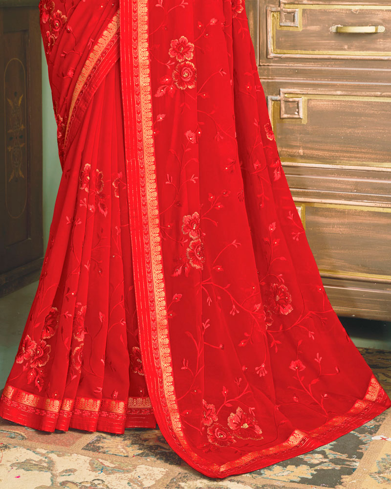 Vishal Prints Lava Red Chiffon Saree With Embroidery Work And Fancy Zari Border