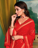 Vishal Prints Lava Red Chiffon Saree With Embroidery Work And Fancy Zari Border