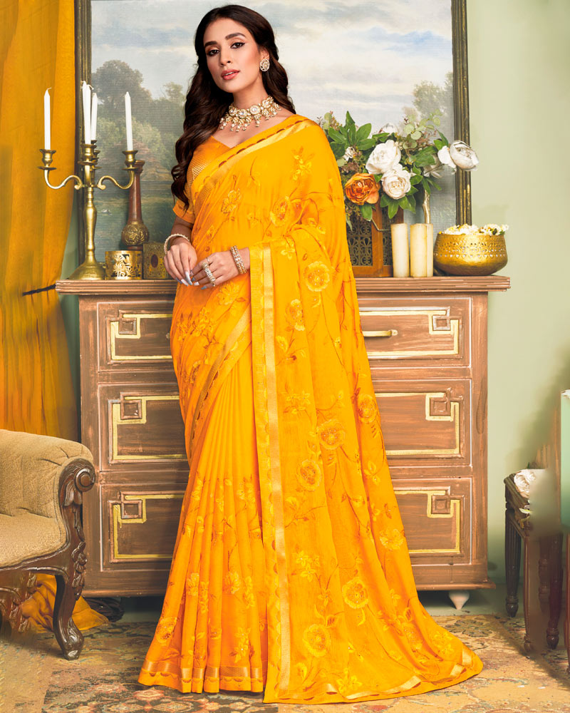 Vishal Prints Gold Chiffon Saree With Embroidery Work And Fancy Zari Border