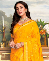 Vishal Prints Gold Chiffon Saree With Embroidery Work And Fancy Zari Border