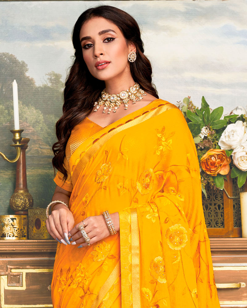 Vishal Prints Gold Chiffon Saree With Embroidery Work And Fancy Zari Border