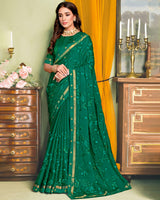 Vishal Prints Dark Teal Chiffon Saree With Embroidery Work And Fancy Zari Border