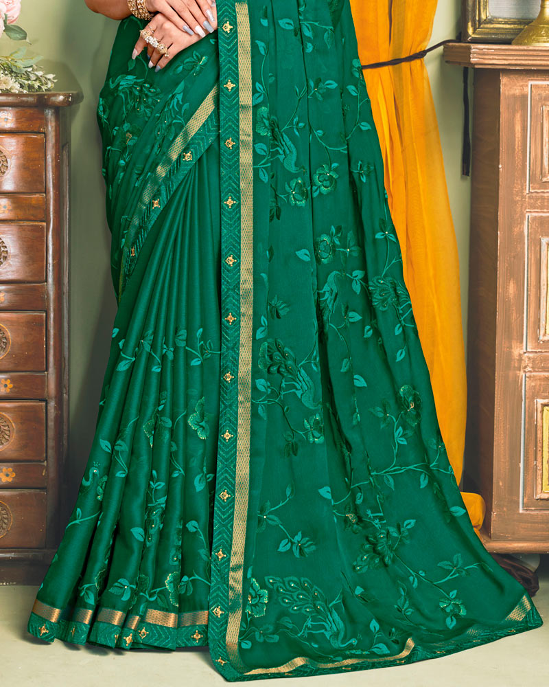 Vishal Prints Dark Teal Chiffon Saree With Embroidery Work And Fancy Zari Border