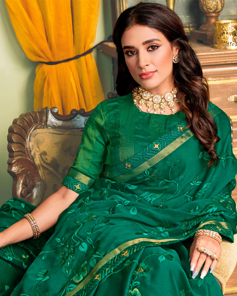 Vishal Prints Dark Teal Chiffon Saree With Embroidery Work And Fancy Zari Border