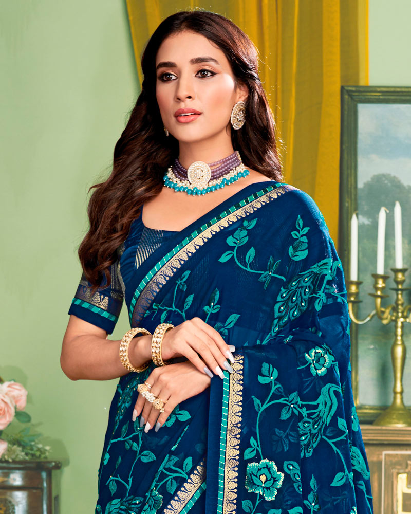 Vishal Prints Dark Blue Chiffon Saree With Embroidery Work And Fancy Zari Border
