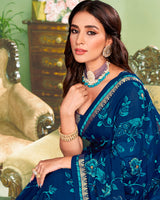 Vishal Prints Dark Blue Chiffon Saree With Embroidery Work And Fancy Zari Border