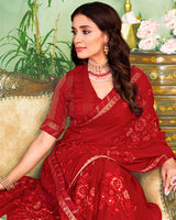 Vishal Prints Wine Red Chiffon Saree With Embroidery Work And Fancy Zari Border