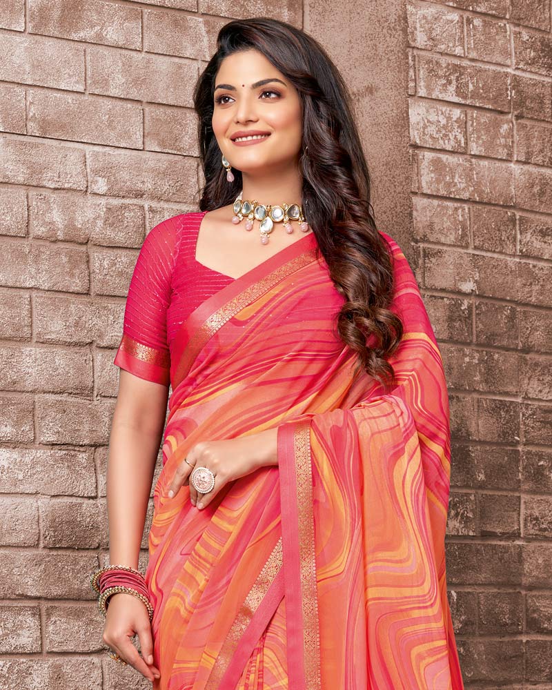 Vishal Prints Pastel Orange Printed Georgette Saree With Fancy Border