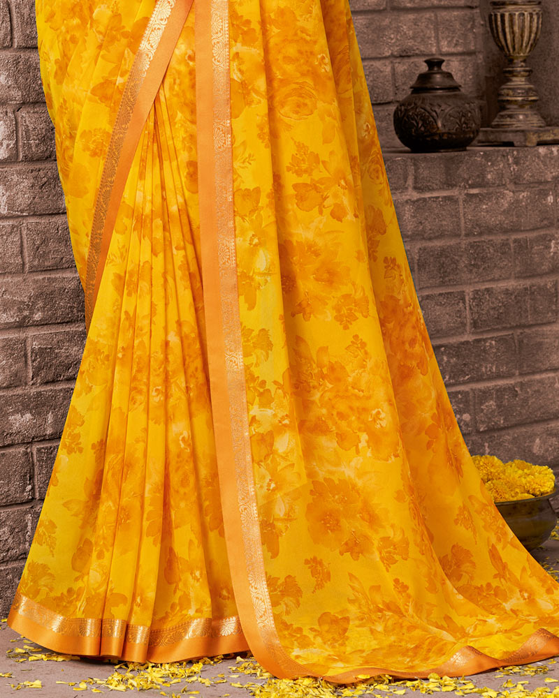 Vishal Prints Golden Yellow Printed Georgette Saree With Fancy Border